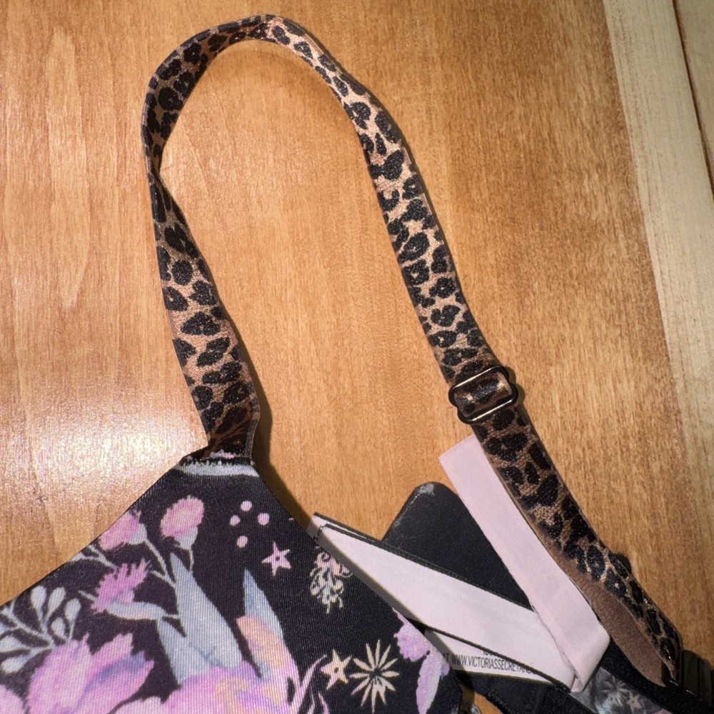 Victorias Secret 36DD Floral Leopard Print Underwire Push Up‎ Bra Black Purple